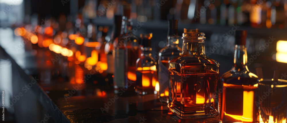 A beautifully lit bar with rows of illuminated bottles, casting a warm, inviting glow in the ambiance. A beautifully lit bar with rows of illuminated bottles, casting a warm, inviting glow in the ambiance.