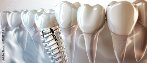 A highly detailed image of a dental implant emphasizing the advancements and precision in modern dental care, focusing on the dental prosthetic amidst natural teeth.