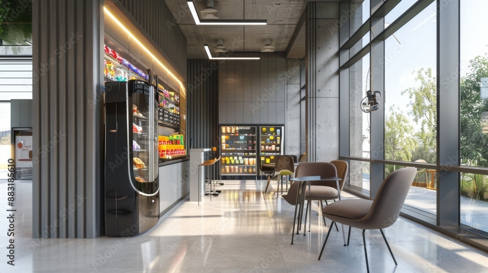 Modern Office Breakroom with Vending Machines and Seating. Modern Office Breakroom with Vending Machines and Seating.