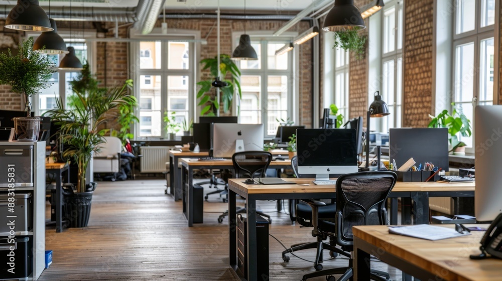 Modern Office Interior with Wooden Desks and Windows. Modern Office Interior with Wooden Desks and Windows.