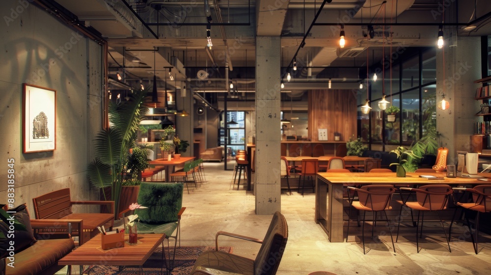 Modern Cafe Interior Design with Exposed Brick Walls and Edison Bulb Lighting. Modern Cafe Interior Design with Exposed Brick Walls and Edison Bulb Lighting.