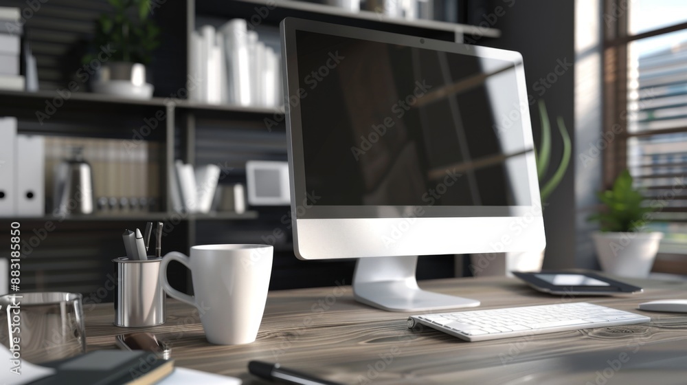 Modern Office Workspace with Computer, Cup of Coffee, and Keyboard. Modern Office Workspace with Computer, Cup of Coffee, and Keyboard.
