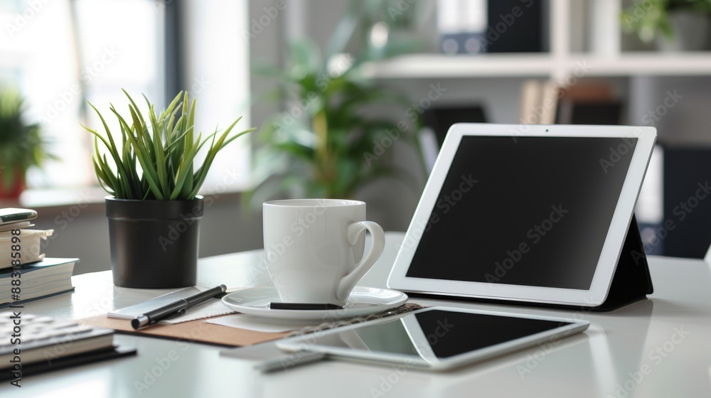 Modern Office Workspace with Tablet, Coffee Cup and Plant. Modern Office Workspace with Tablet, Coffee Cup and Plant.