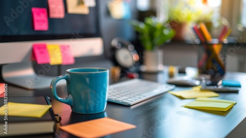 Wallpaper Mural Blue Mug on Desk with Sticky Notes and Keyboard. Torontodigital.ca