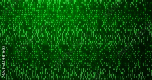 Abstract green binary code background. Digital technology, cyberspace, big data, virtual reality and matrix pattern. Numbers zero and one display on computer monitor screen. 4K video animation 3d.