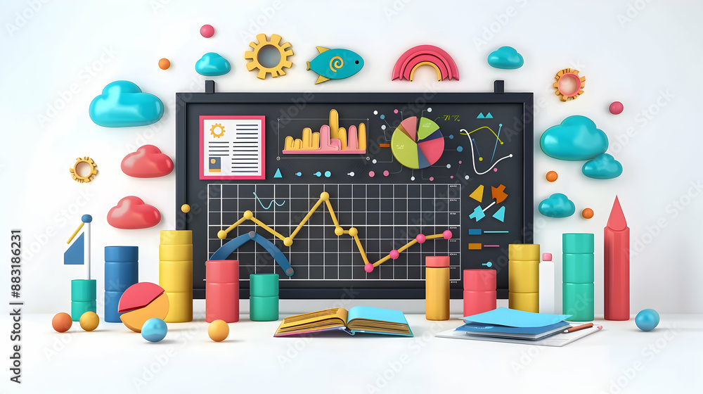 3D Flat Icon: Blackboard with SWOT Analysis and Business Documents on Whimsical Background, Ideal for Strategic Assessment and Analysis Isolated White Background 3D Flat Icon: Blackboard with SWOT Analysis and Business Documents on Whimsical Background, Ideal for Strategic Assessment and Analysis Isolated White Background