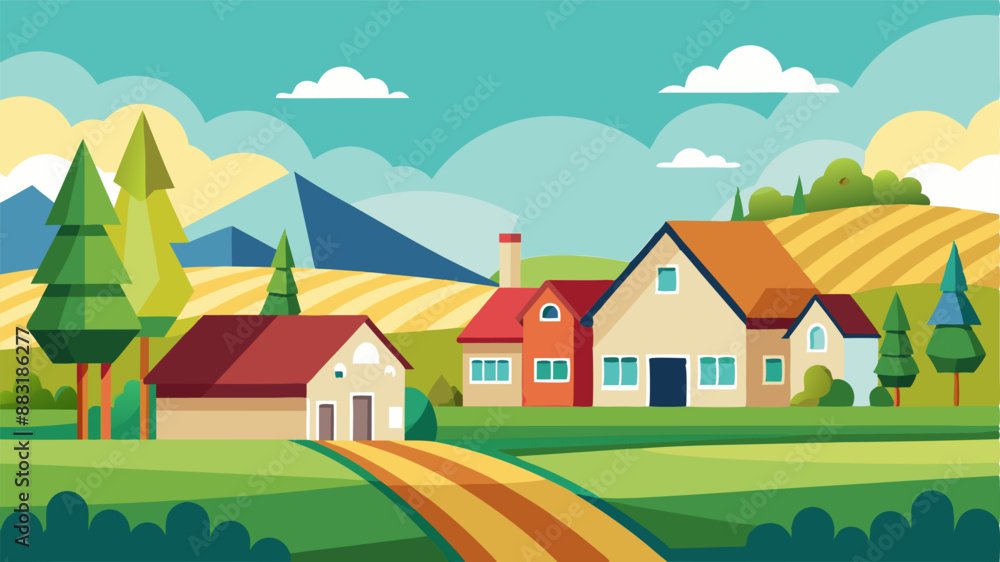 Naklejka premium Cartoon Vector Countryside with Houses and Green Fields - Children's Book Style