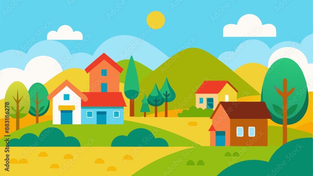 Cartoon Vector Countryside with Houses and Green Fields - Children's Book Style Cartoon Vector Countryside with Houses and Green Fields - Children's Book Style