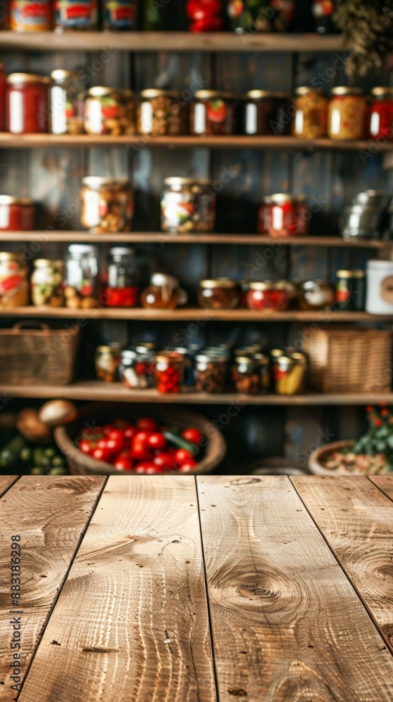 mockup Empty wooden table against the blurred background of the modern kitchen or cellar with shelves on which there are cans of canned vegetables, mushrooms and jam. The concept of autumn harvesting. mockup Empty wooden table against the blurred background of the modern kitchen or cellar with shelves on which there are cans of canned vegetables, mushrooms and jam. The concept of autumn harvesting.