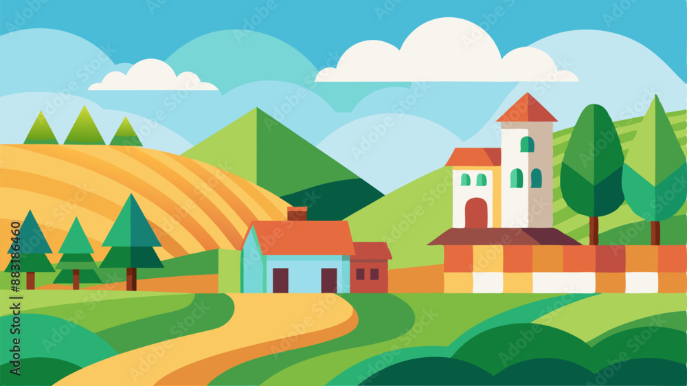 Cartoon Vector Countryside with Houses and Green Fields - Children's Book Style Cartoon Vector Countryside with Houses and Green Fields - Children's Book Style