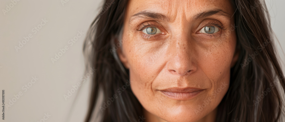 A close-up of a woman with striking green eyes and flowing dark hair, her expression calm and open, exuding natural beauty and introspection. A close-up of a woman with striking green eyes and flowing dark hair, her expression calm and open, exuding natural beauty and introspection.
