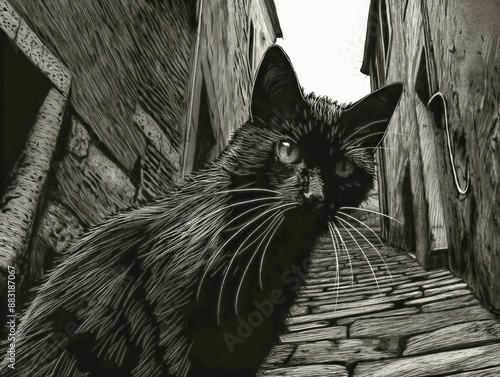 A cat with a curious expression stands in the middle of a narrow, cobblestone street between tall buildings, appearing to be in a black and white sketch style cat, street, cobblestone, buildings, narr photo