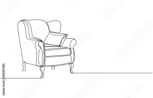 chair line art style vector illustration, Continuous single one line art drawing of minimalist modern sofa chair vector illustration, One line continuous armchair. Line art of interior concept banner