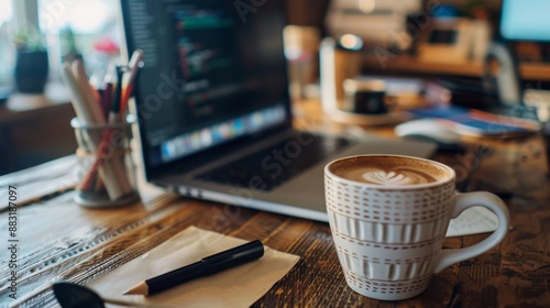 Latte art on a wooden table with a laptop in the background.