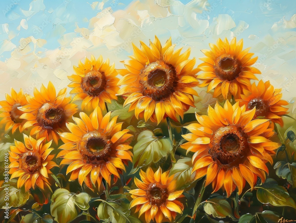 Fototapeta premium Vibrant Sunflower Field Art Print, Yellow Flower Painting, Abstract Garden Wall Decoration