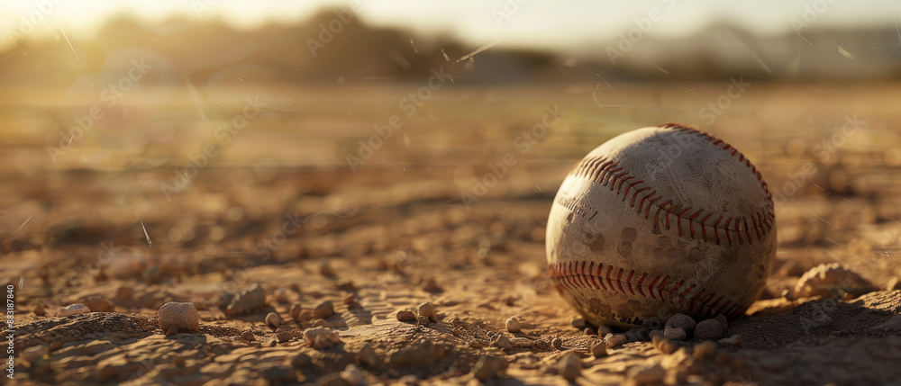 A solitary, weathered baseball lies in the dirt of an empty field, bathed in the soft golden hues of a setting sun. A solitary, weathered baseball lies in the dirt of an empty field, bathed in the soft golden hues of a setting sun.