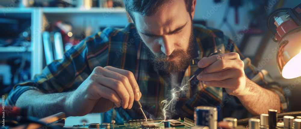 A dedicated engineer meticulously uses a soldering iron on electronic components, surrounded by a cluttered yet organized workspace. A dedicated engineer meticulously uses a soldering iron on electronic components, surrounded by a cluttered yet organized workspace.