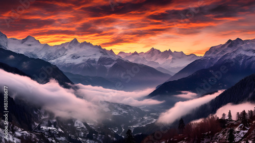 Majestic Sunrise Overture over Snow-capped Mountain Landscape with Hooded Forest Valley Accentuated by Reflective Lake