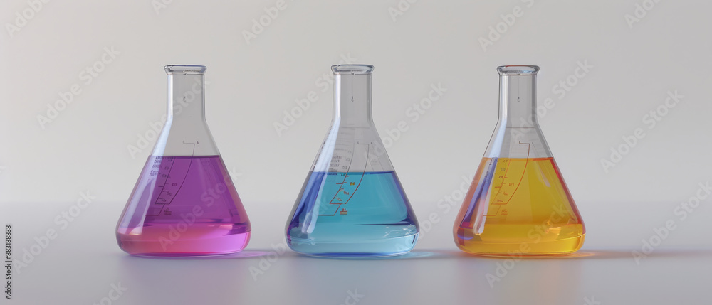 A set of three conical flasks, each containing a vibrant liquid of contrasting colors, against a minimalist background, representing scientific examination and experimentation. A set of three conical flasks, each containing a vibrant liquid of contrasting colors, against a minimalist background, representing scientific examination and experimentation.