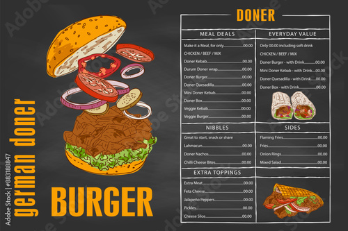 German Doner Kebab Hand drawn vector illustration. Making doner kebab and kebab ingredients. Fast food design elements. Restaurant cafe poster, menu template design.