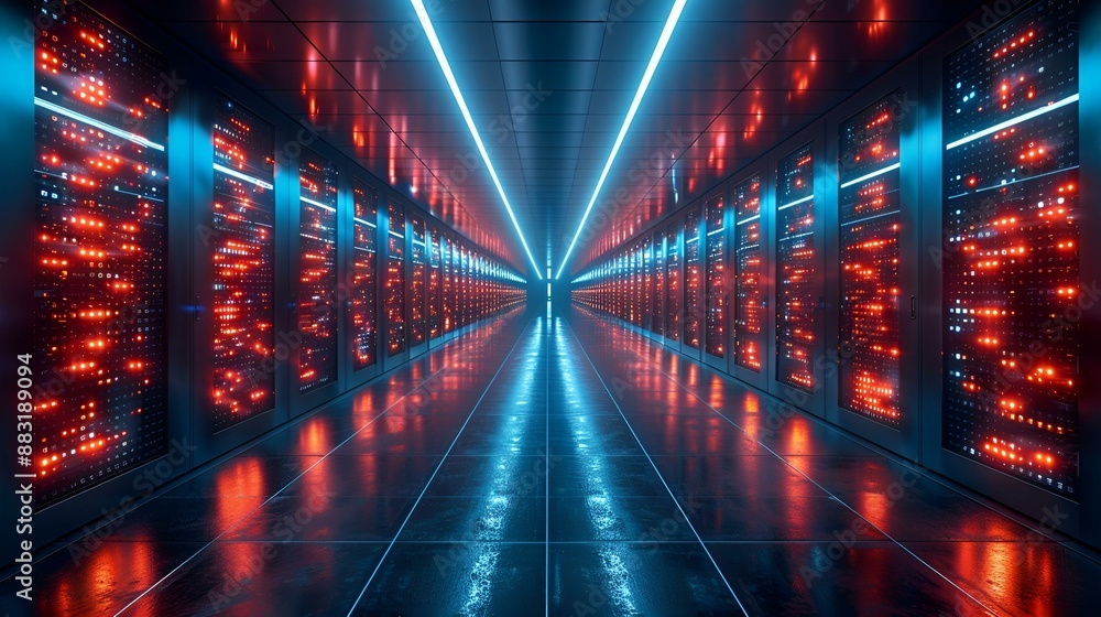 a long hallway with rows of red and blue lights. a long hallway with rows of red and blue lights.