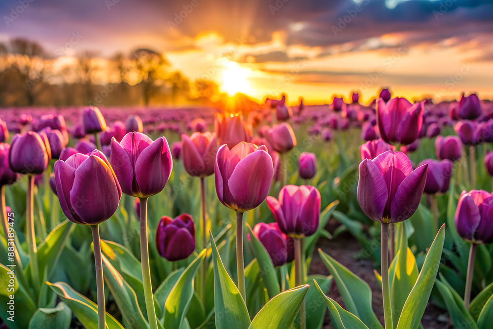 tranquil meadow of deep purple tulips glowing in the golden hour light, generative ai tranquil meadow of deep purple tulips glowing in the golden hour light, generative ai