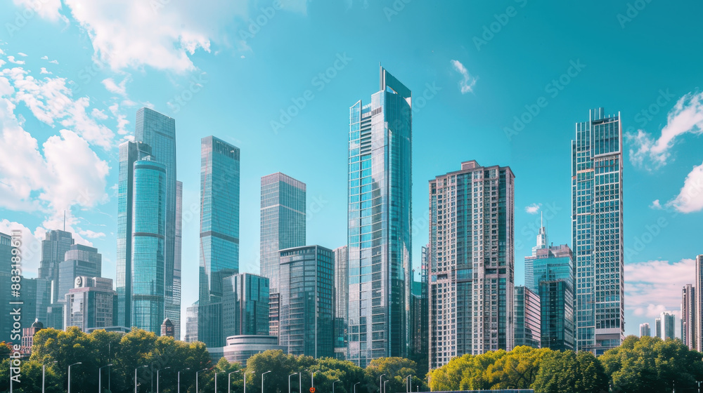 Obraz premium Modern city skyline with tall skyscrapers and lush green trees under a bright blue sky