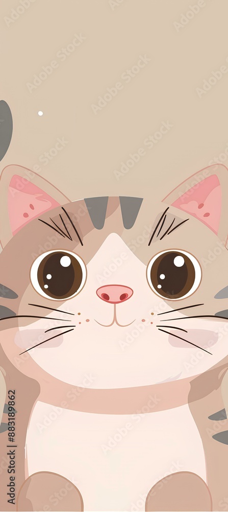 Obraz premium A cute cartoon cat with big eyes, beige and white fur, lying on the ground against a beige background conveying emotions such as curiosity or surprise oil painting or watercolor