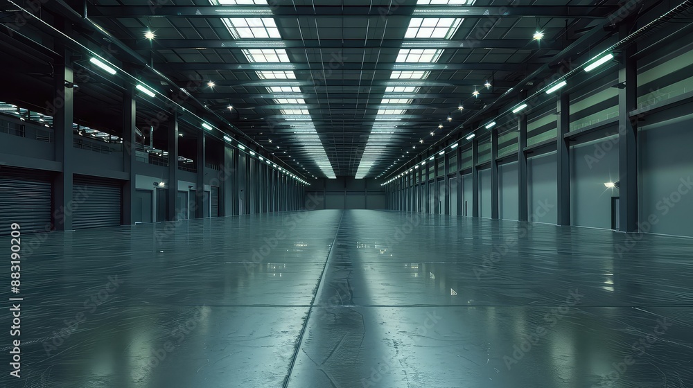 Futuristic industrial building interior with shiny reflective floor Futuristic industrial building interior with shiny reflective floor