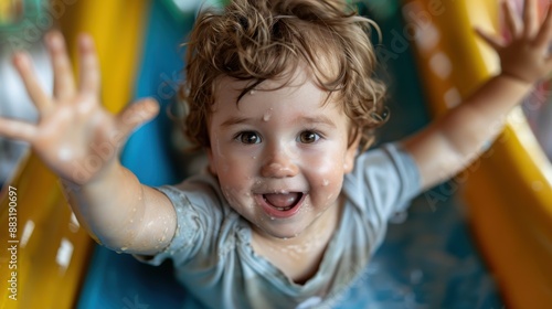 A wet child with a wide smile and curly hair slides down with hands up, splattering water, capturing the excitement and pure joy of childhood play in an adventurous moment.