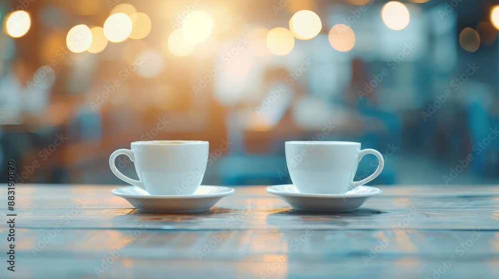 Two white coffee cups on a wooden table with a blurred background and bokeh lights, creating a warm and cozy atmosphere. Two white coffee cups on a wooden table with a blurred background and bokeh lights, creating a warm and cozy atmosphere.