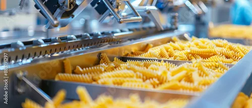 Obraz  z motywem A bustling pasta production line with spiraled pasta being sorted and packed by automated machines in a factory.