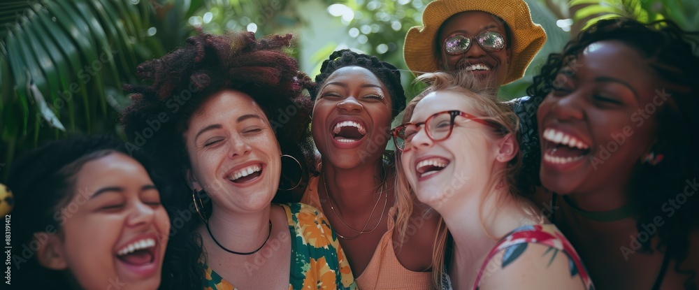 A multiracial group of seven cheerful women, having fun taking a selfie portrait, their faces lit with laughter A multiracial group of seven cheerful women, having fun taking a selfie portrait, their faces lit with laughter
