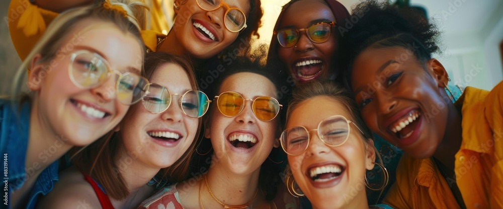 A multiracial group of seven cheerful women, having fun taking a selfie portrait, their faces lit with laughter A multiracial group of seven cheerful women, having fun taking a selfie portrait, their faces lit with laughter