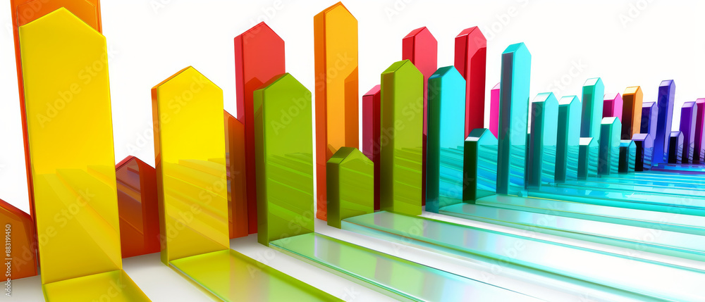 Vibrant multicolored bar graphs extend upwards in a dynamic display of data visualization, symbolizing growth and perspectives. Vibrant multicolored bar graphs extend upwards in a dynamic display of data visualization, symbolizing growth and perspectives.