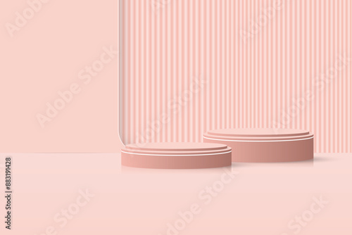 Product display podium, a cylindrical platform that simulates product presentation. Wall backdrop. Stage showcase. Platform vector geometric design.