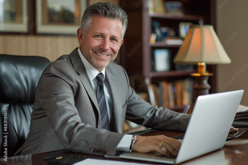 financial director or banker working on a laptop at his office desk, exuding confidence and success as he smiles at the camera. Ideal for business and finance themes. Photo financial director or banker working on a laptop at his office desk, exuding confidence and success as he smiles at the camera. Ideal for business and finance themes. Photo