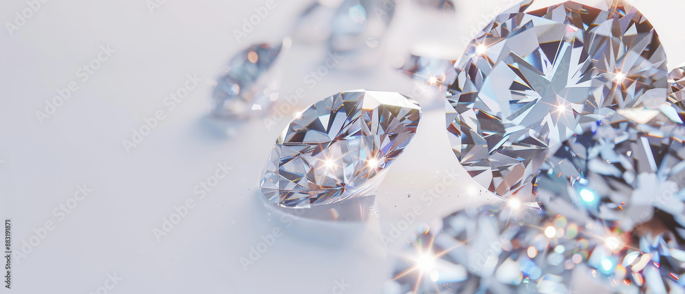 A close-up of perfectly cut diamonds, each facet catching the light and emitting a dazzling array of reflections on a clean, light background. A close-up of perfectly cut diamonds, each facet catching the light and emitting a dazzling array of reflections on a clean, light background.