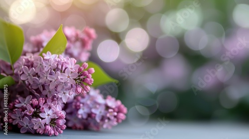 Picturesque lilac flowers in soft pastel shades, placed against a serene bokeh background, presenting a calming and visually appealing composition that invites peace.