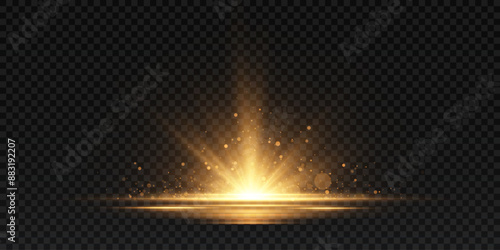 Abstract glowing golden vertical lighting lines on a dark background. Bright light explosion of sun rays on a dark background. Luxurious design style. Vector illustration