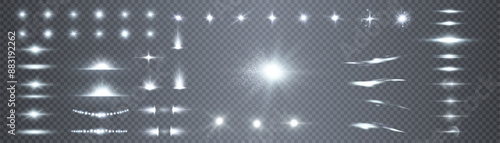 A large set of different abstract light effects: spotlight, glare, explosion, spark, dust, line, solar flare, sparks and stars, swirls. Sun rays.