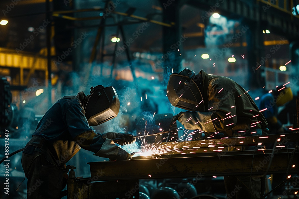 Industrial scene depicting workers engaged in arc welding in a factory setting, showcasing skilled labor and manufacturing processes. Photo Industrial scene depicting workers engaged in arc welding in a factory setting, showcasing skilled labor and manufacturing processes. Photo