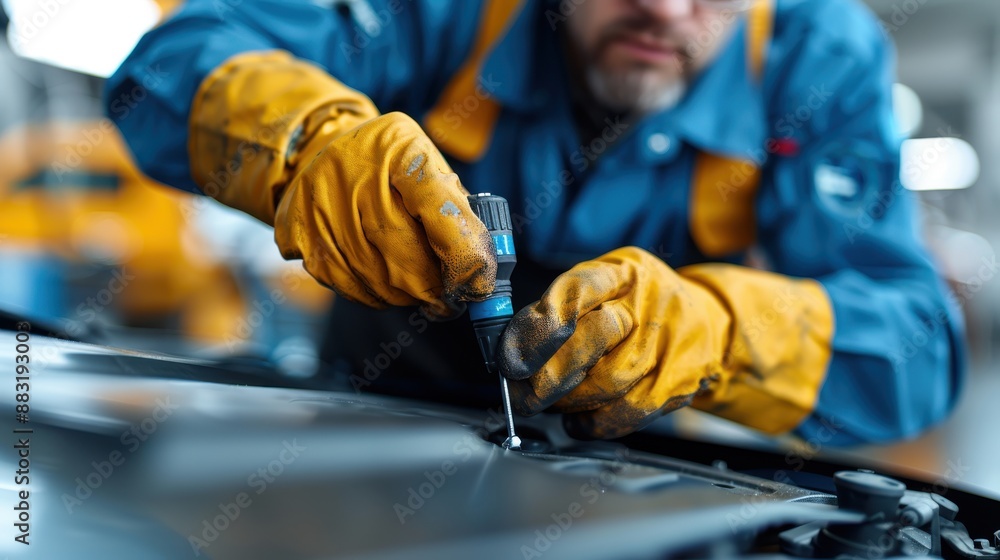 A professional mechanic in a blue uniform and yellow gloves works diligently on a car engine, using a tool, in a busy automotive repair shop environment. A professional mechanic in a blue uniform and yellow gloves works diligently on a car engine, using a tool, in a busy automotive repair shop environment.