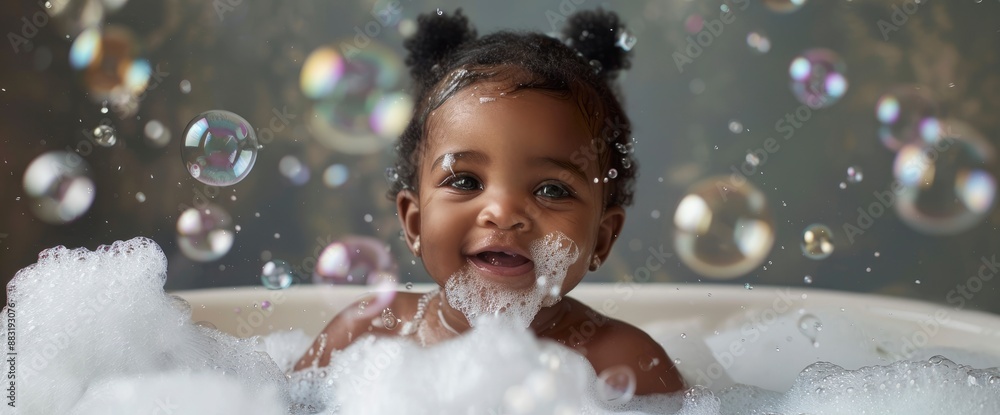 A baby girl, bathing in a bath with foam and soap bubbles, her face glowing with delight A baby girl, bathing in a bath with foam and soap bubbles, her face glowing with delight