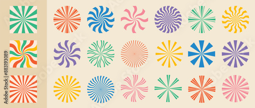 Abstract futuristic geometric shapes, rays of sun, stars in trendy groovy, Y2K, pop art style, vintage. Retro colored isolated on white background elements. Flat Vector Illustration EPS10.