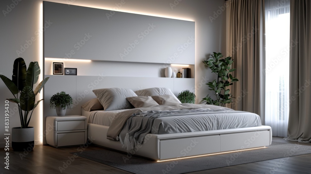 Fototapeta premium This image features a contemporary bedroom highlighted by ambient lighting, sleek furniture, and greenery, creating a harmony between modern design and natural elements.