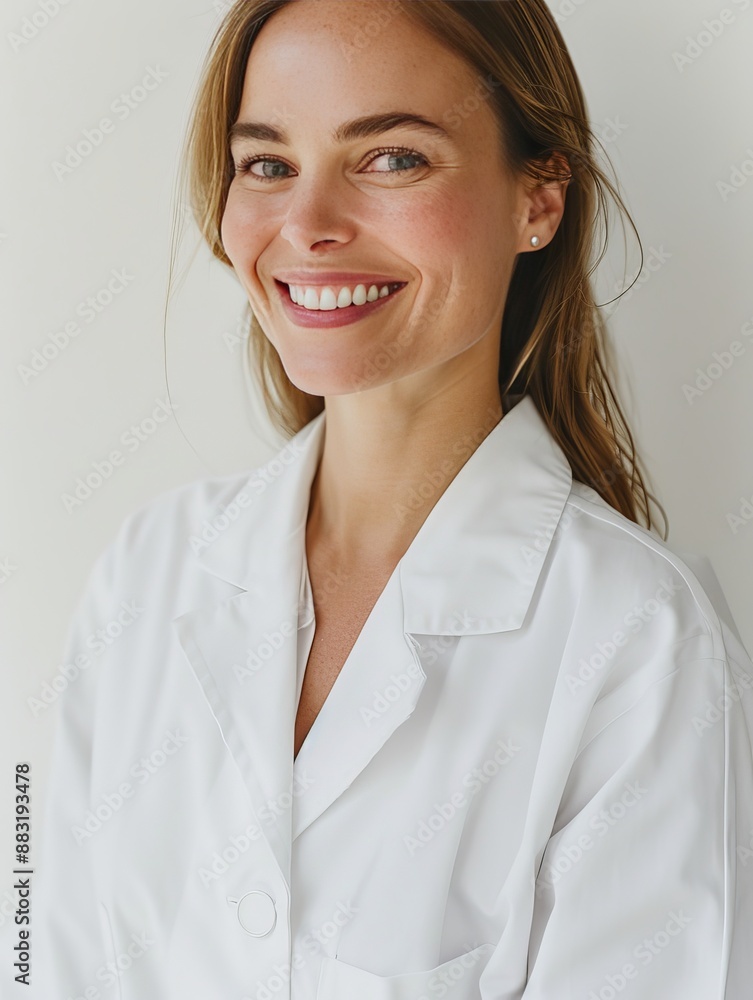 vogue magazine photo of a white female dentist smiling, wearing sleek white lab coat, candid portrait, white background, fill light, hard flash, shot with Canon R5, happy, bright eyes, film grain vogue magazine photo of a white female dentist smiling, wearing sleek white lab coat, candid portrait, white background, fill light, hard flash, shot with Canon R5, happy, bright eyes, film grain