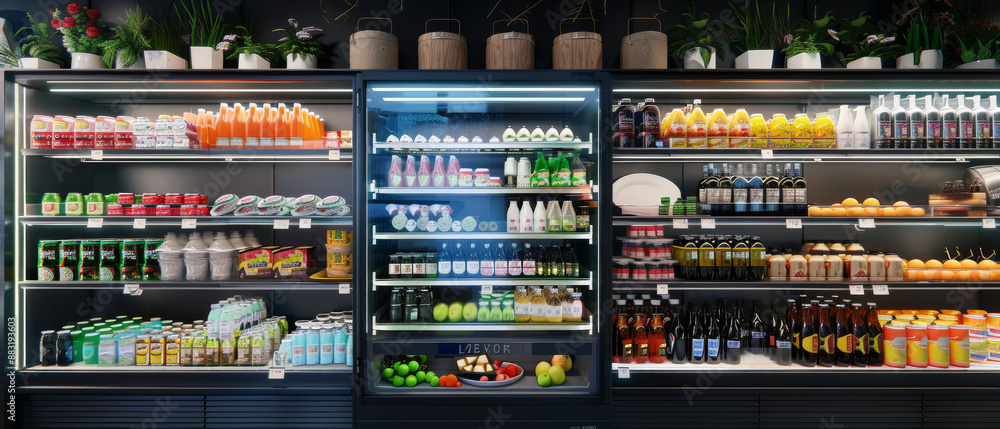 A neatly stocked refrigerator section with various drinks and dairy products, accented with lush green plants adorning the top shelf. A neatly stocked refrigerator section with various drinks and dairy products, accented with lush green plants adorning the top shelf.