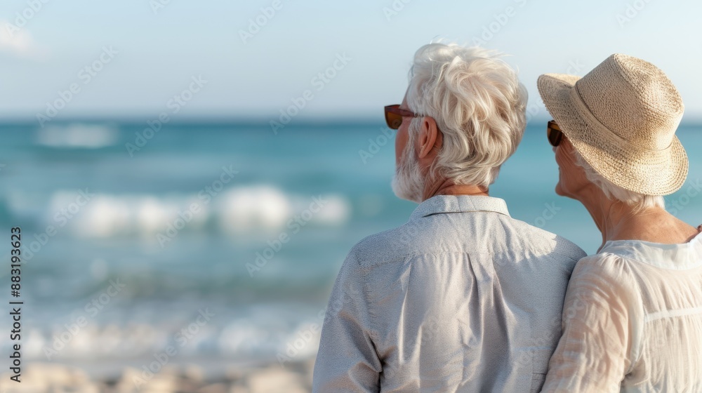 Fototapeta premium An elderly couple, wearing sun hats and sunglasses, stands on a sandy beach, gazing serenely at the calm ocean waves, epitomizing peace, love, and togetherness.