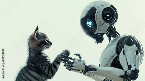 Futuristic Robot Engages in Playful Interaction with Curious Feline Companion photo